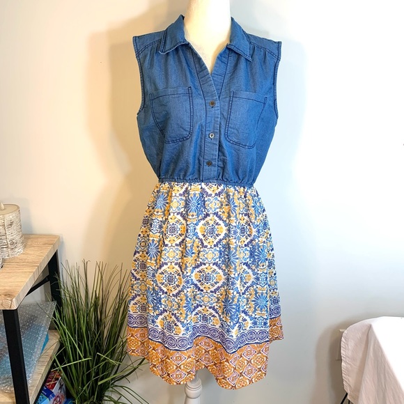 Speed Control sleeveless denim top w/ flowy peasant boho pattern bottom dress - Picture 2 of 12